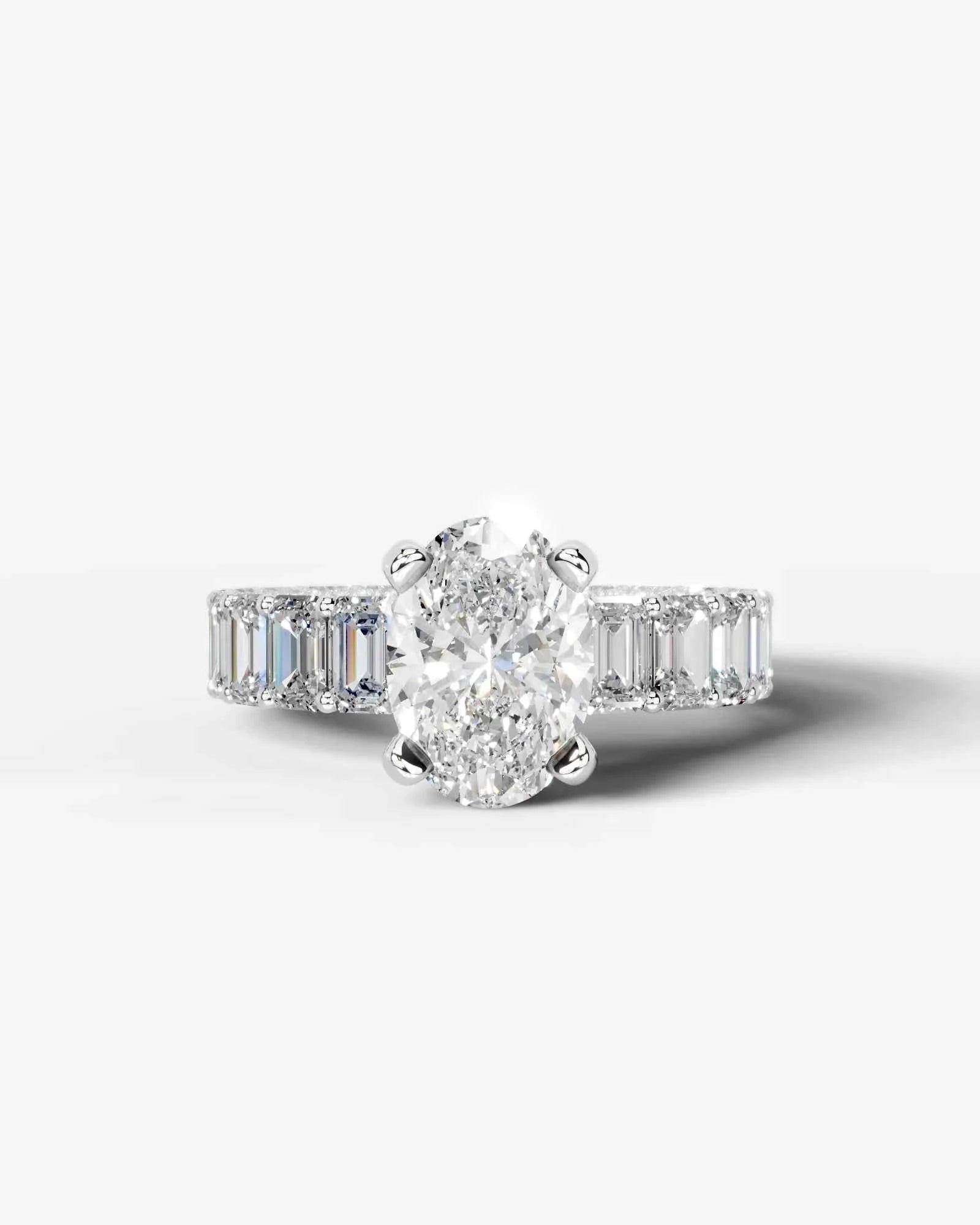 Oval Cut Lab Diamond Engagement Ring with Emerald cut eternity band and Hidden halo| D VS1