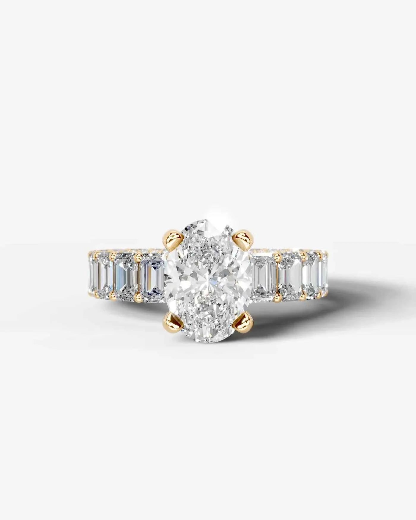 Oval Cut Lab Diamond Engagement Ring with Emerald cut eternity band and Hidden halo| D VS1