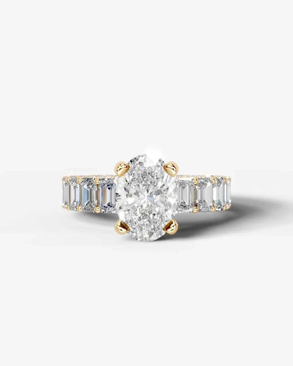 Oval Cut Lab Diamond Engagement Ring with Emerald cut eternity band and Hidden halo| D VS1