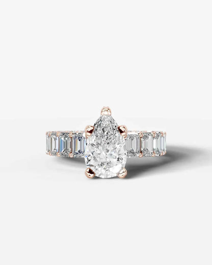 Pear Cut Lab Diamond Engagement Ring with Emerald cut eternity band and Hidden halo| D VS1
