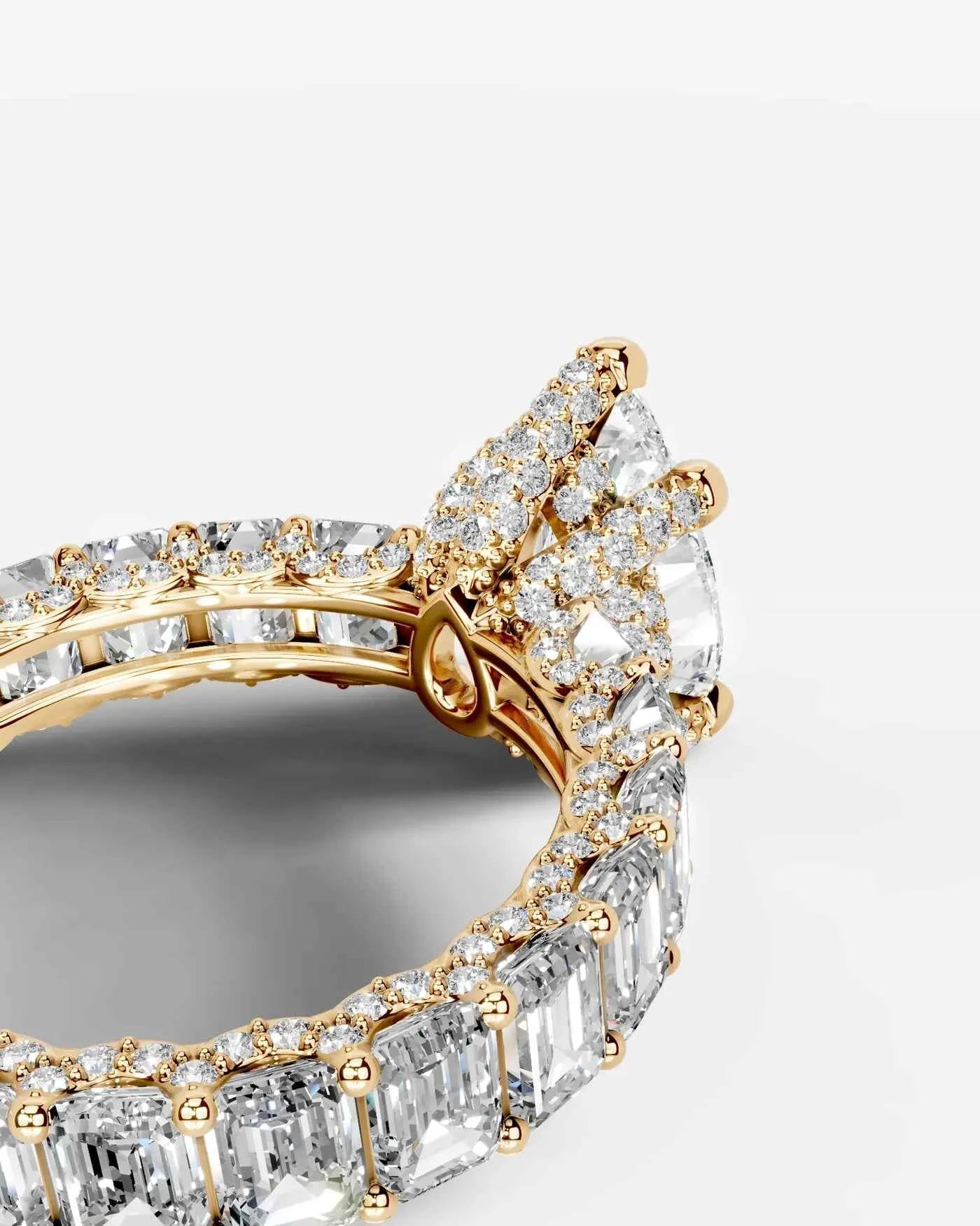 Pear Cut Lab Diamond Engagement Ring with Emerald cut eternity band and Hidden halo| D VS1