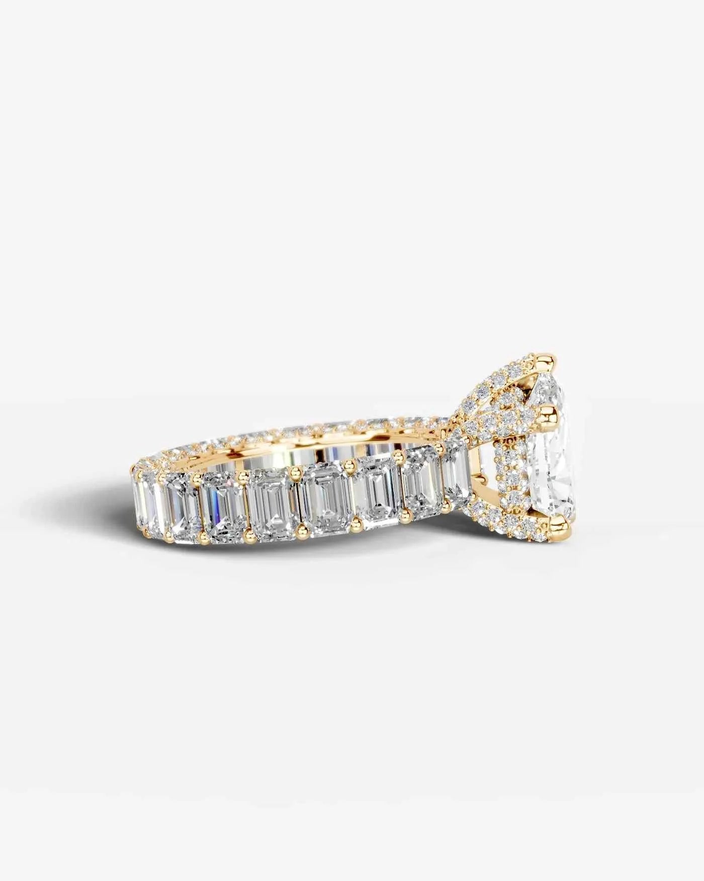 Pear Cut Lab Diamond Engagement Ring with Emerald cut eternity band and Hidden halo| D VS1
