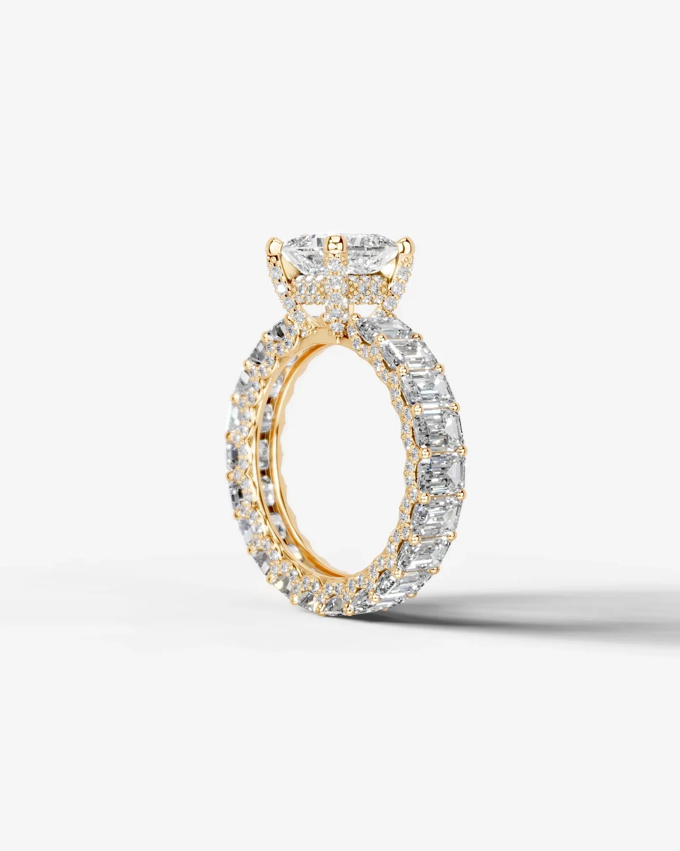 Princess Cut Lab Diamond Engagement Ring with Emerald cut eternity band and Hidden halo| D VS1