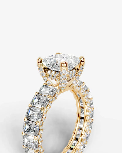 Princess Cut Lab Diamond Engagement Ring with Emerald cut eternity band and Hidden halo| D VS1