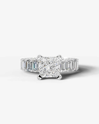 Princess Cut Lab Diamond Engagement Ring with Emerald cut eternity band and Hidden halo| D VS1