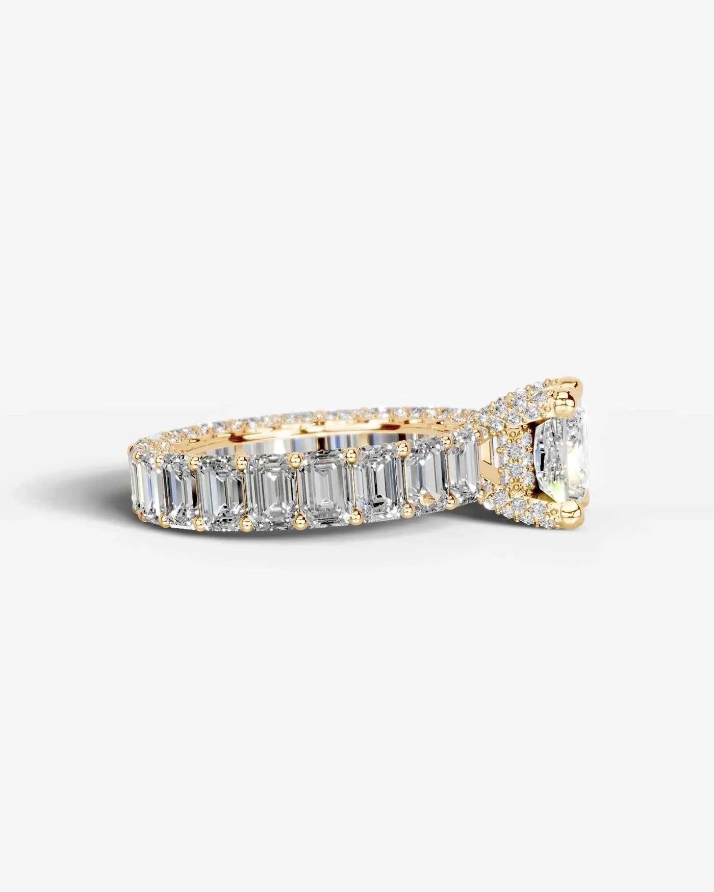 Princess Cut Lab Diamond Engagement Ring with Emerald cut eternity band and Hidden halo| D VS1