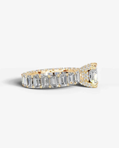 Princess Cut Lab Diamond Engagement Ring with Emerald cut eternity band and Hidden halo| D VS1