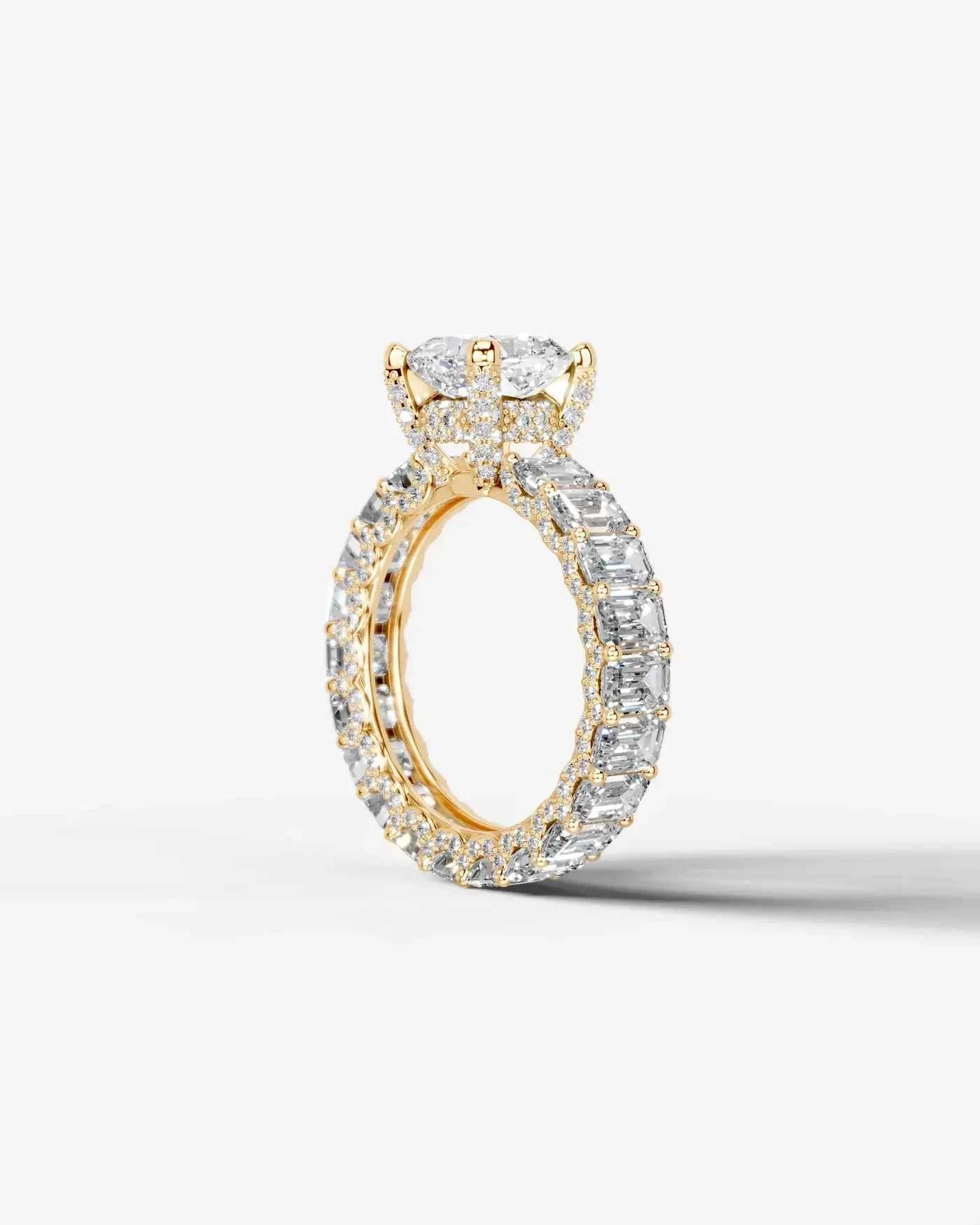 Cushion Cut Lab Diamond Engagement Ring with Emerald cut eternity band and Hidden halo| D VS1