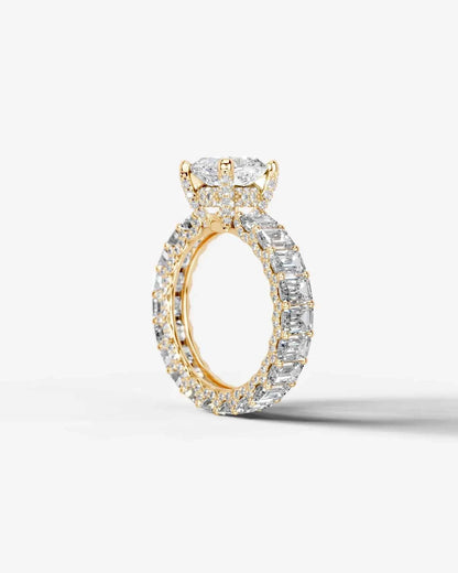 Cushion Cut Lab Diamond Engagement Ring with Emerald cut eternity band and Hidden halo| D VS1