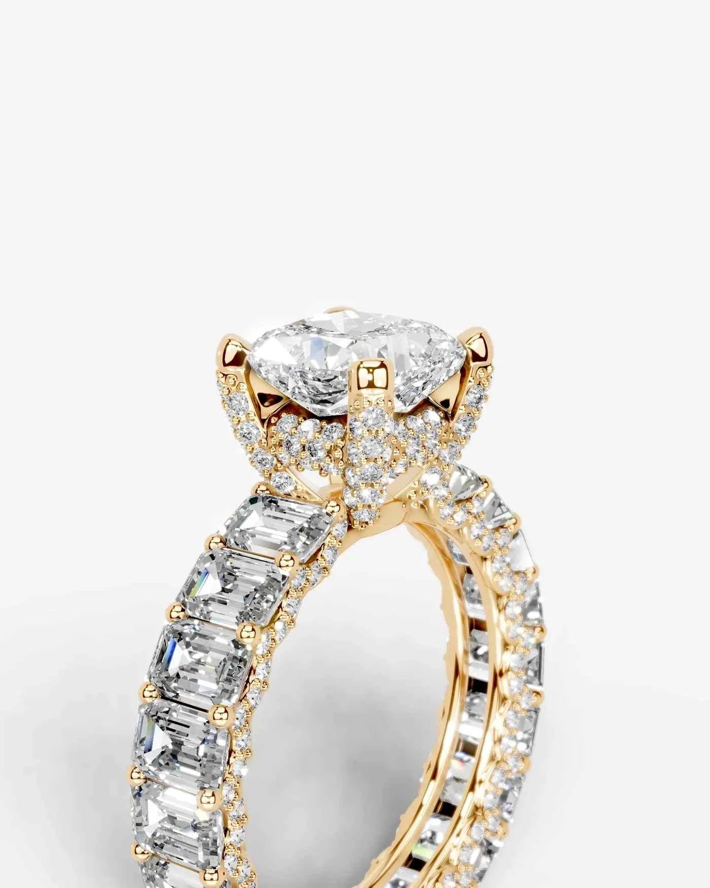 Cushion Cut Lab Diamond Engagement Ring with Emerald cut eternity band and Hidden halo| D VS1
