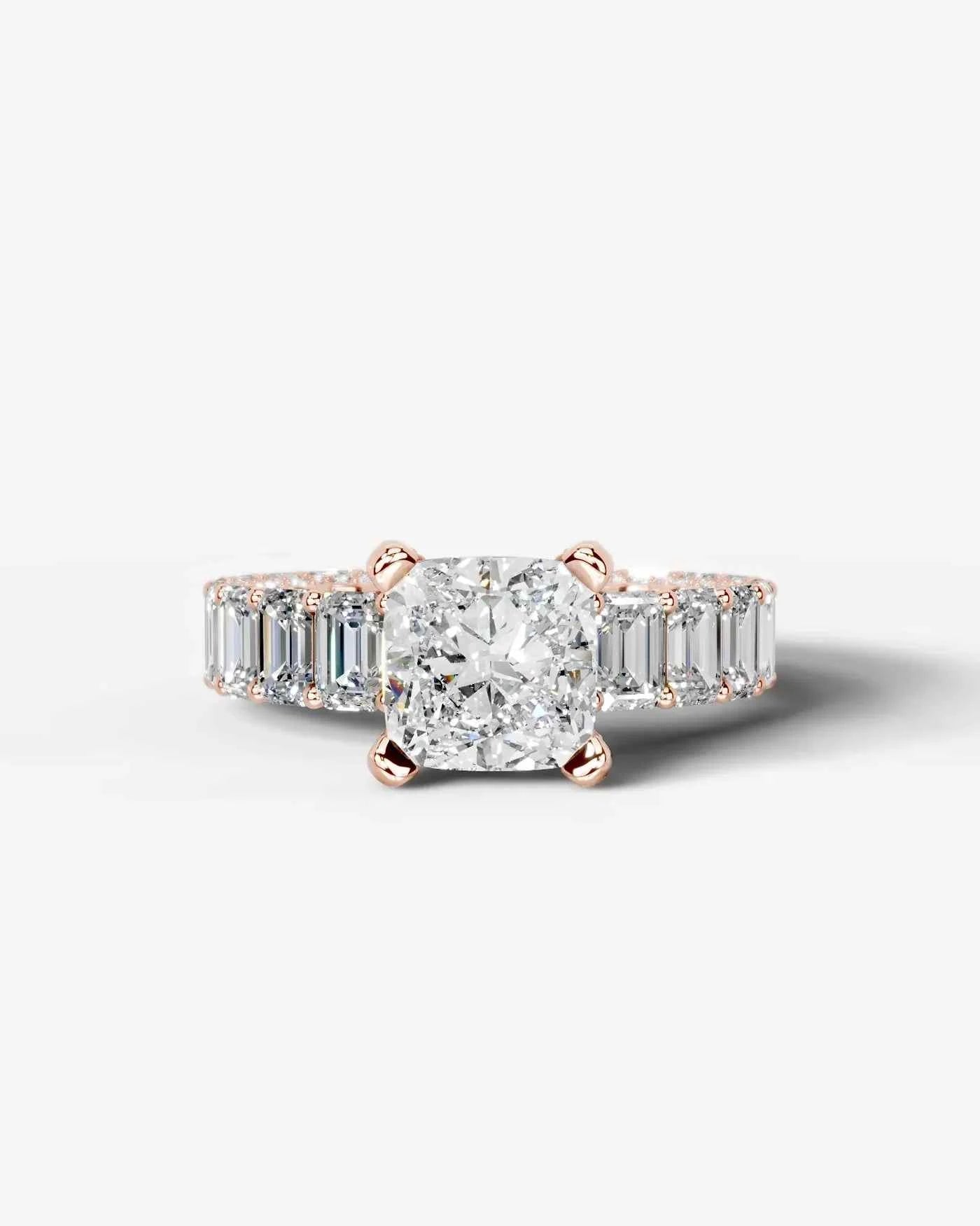 Cushion Cut Lab Diamond Engagement Ring with Emerald cut eternity band and Hidden halo| D VS1