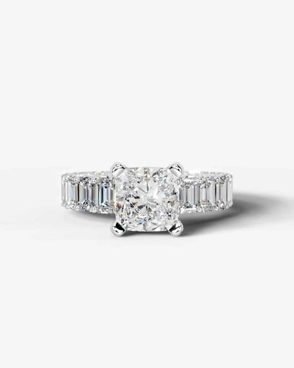 Cushion Cut Lab Diamond Engagement Ring with Emerald cut eternity band and Hidden halo| D VS1