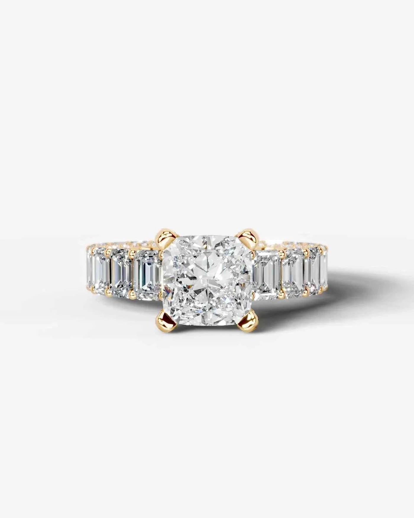 Cushion Cut Lab Diamond Engagement Ring with Emerald cut eternity band and Hidden halo| D VS1