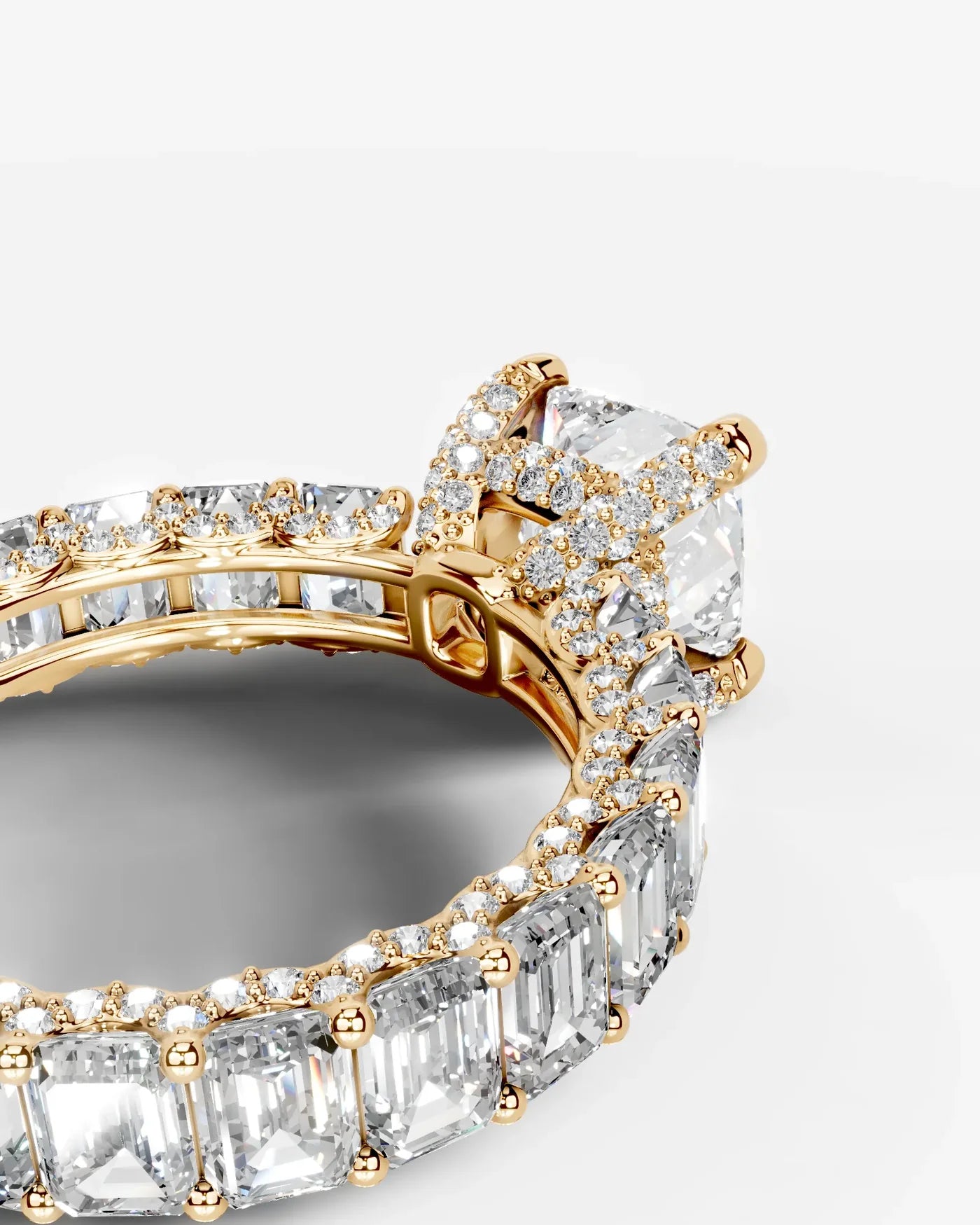 Cushion Cut Lab Diamond Engagement Ring with Emerald cut eternity band and Hidden halo| D VS1