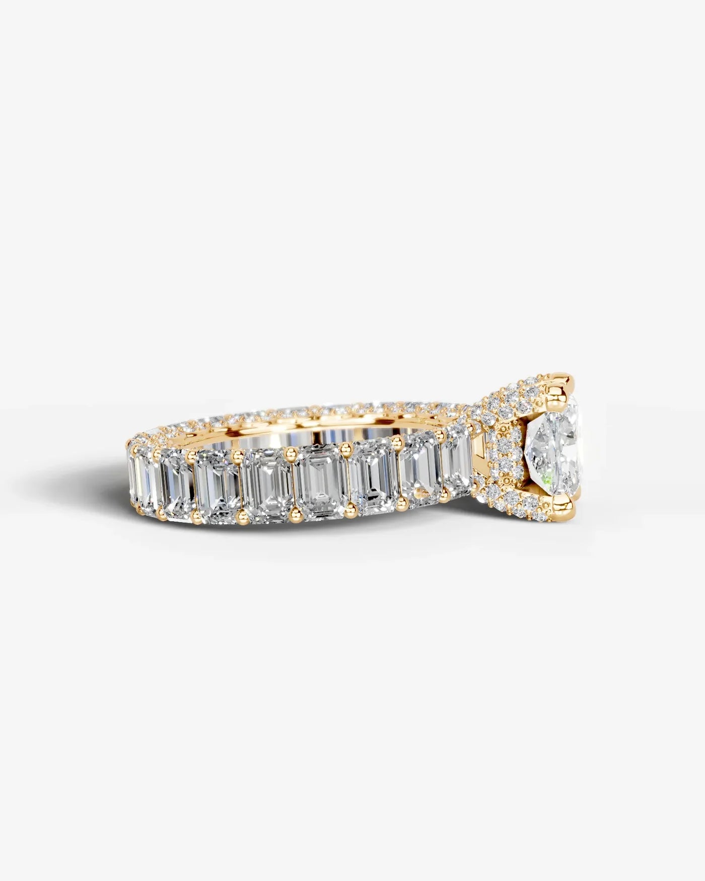 Cushion Cut Lab Diamond Engagement Ring with Emerald cut eternity band and Hidden halo| D VS1