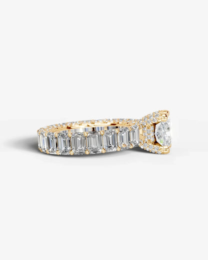 Cushion Cut Lab Diamond Engagement Ring with Emerald cut eternity band and Hidden halo| D VS1