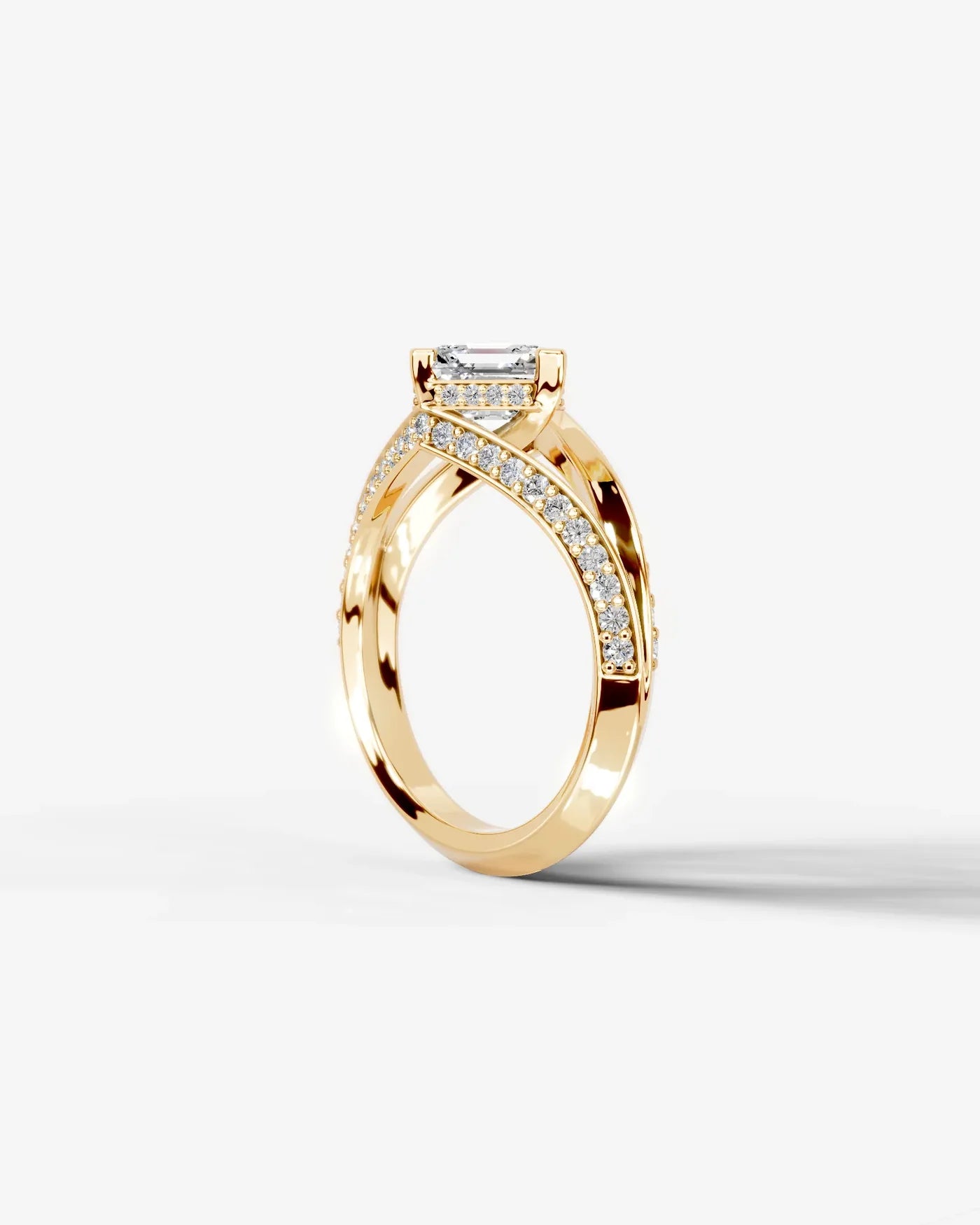 Cushion Cut Lab Diamond Engagement Ring with fancy split shank pave band and hidden halo| D VS1