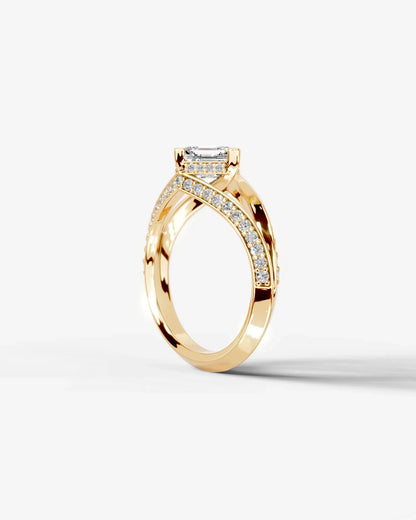 Cushion Cut Lab Diamond Engagement Ring with fancy split shank pave band and hidden halo| D VS1