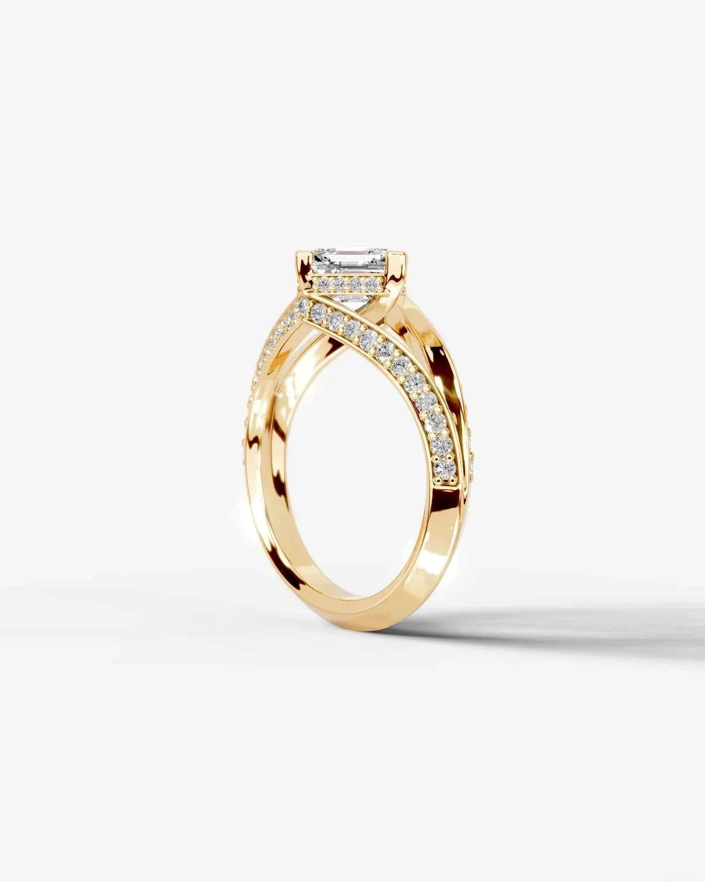 Princess Cut Lab Diamond Engagement Ring with fancy split shank pave band and hidden halo| D VS1