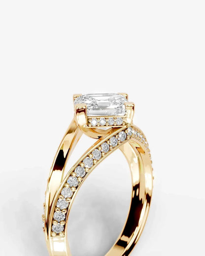 Asscher Cut Lab Diamond Engagement Ring with fancy split shank pave band and hidden halo| D VS1