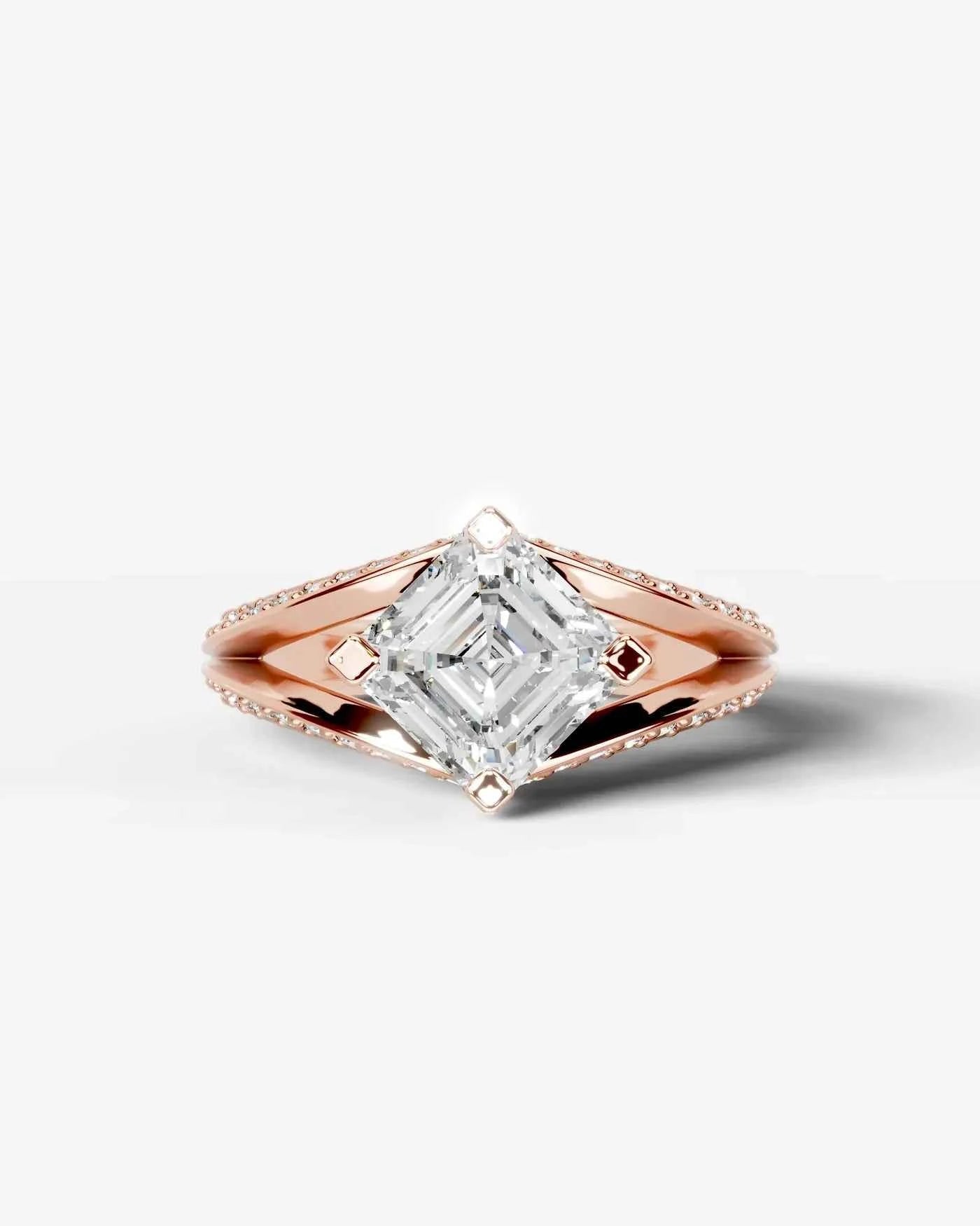 Asscher Cut Lab Diamond Engagement Ring with fancy split shank pave band and hidden halo| D VS1