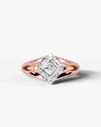 Asscher Cut Lab Diamond Engagement Ring with fancy split shank pave band and hidden halo| D VS1