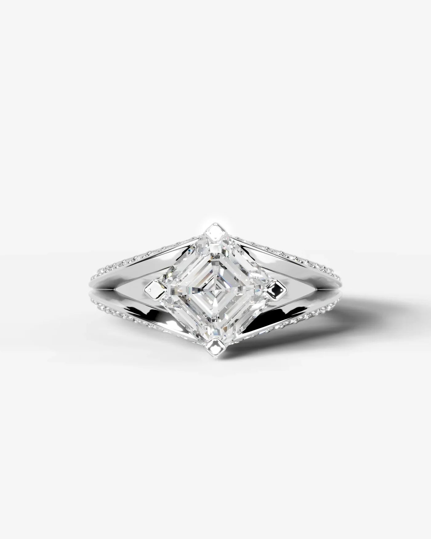 Asscher Cut Lab Diamond Engagement Ring with fancy split shank pave band and hidden halo| D VS1