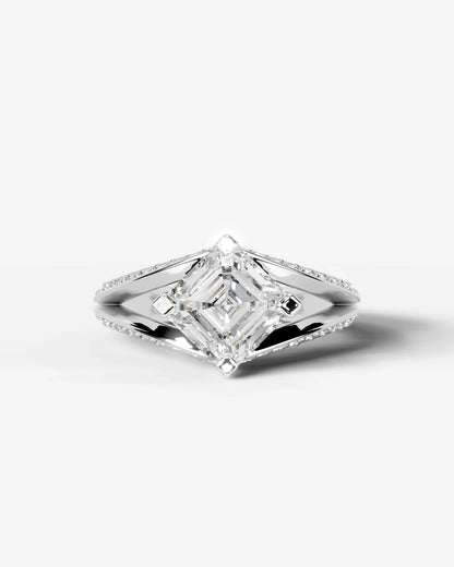 Asscher Cut Lab Diamond Engagement Ring with fancy split shank pave band and hidden halo| D VS1