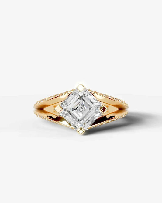 Asscher Cut Lab Diamond Engagement Ring with fancy split shank pave band and hidden halo| D VS1