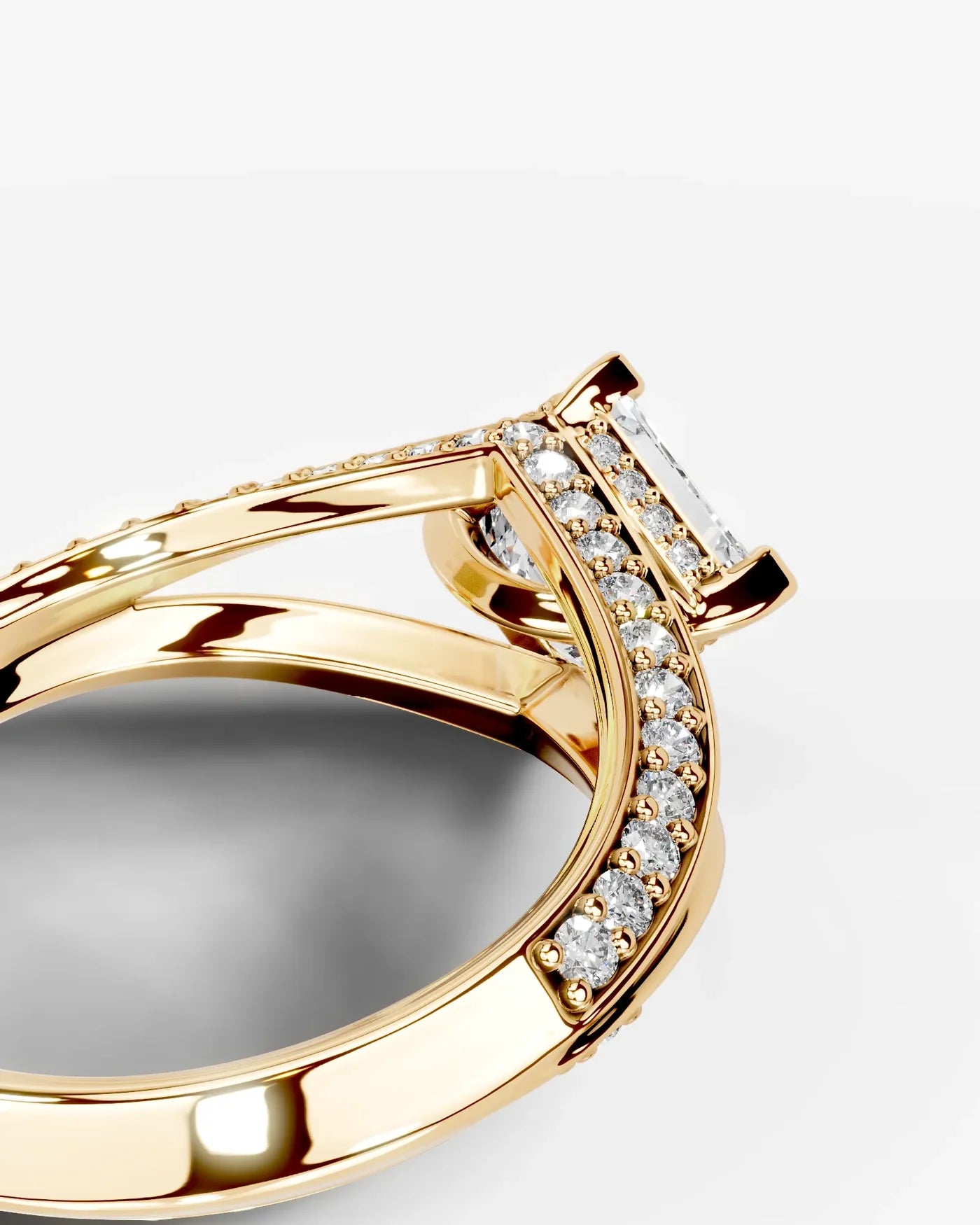 Asscher Cut Lab Diamond Engagement Ring with fancy split shank pave band and hidden halo| D VS1