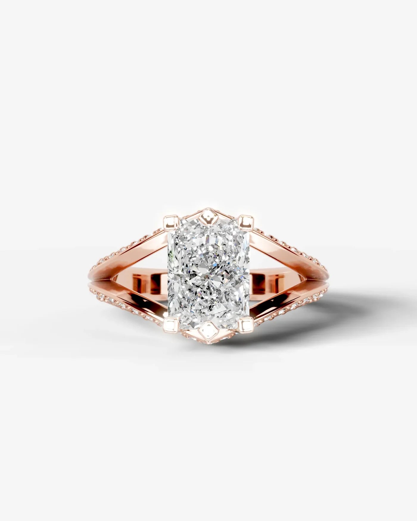 Radiant  Cut Lab Diamond Engagement Ring with fancy split shank pave band and hidden halo| D VS1
