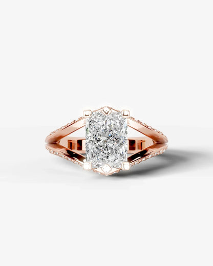 Radiant  Cut Lab Diamond Engagement Ring with fancy split shank pave band and hidden halo| D VS1