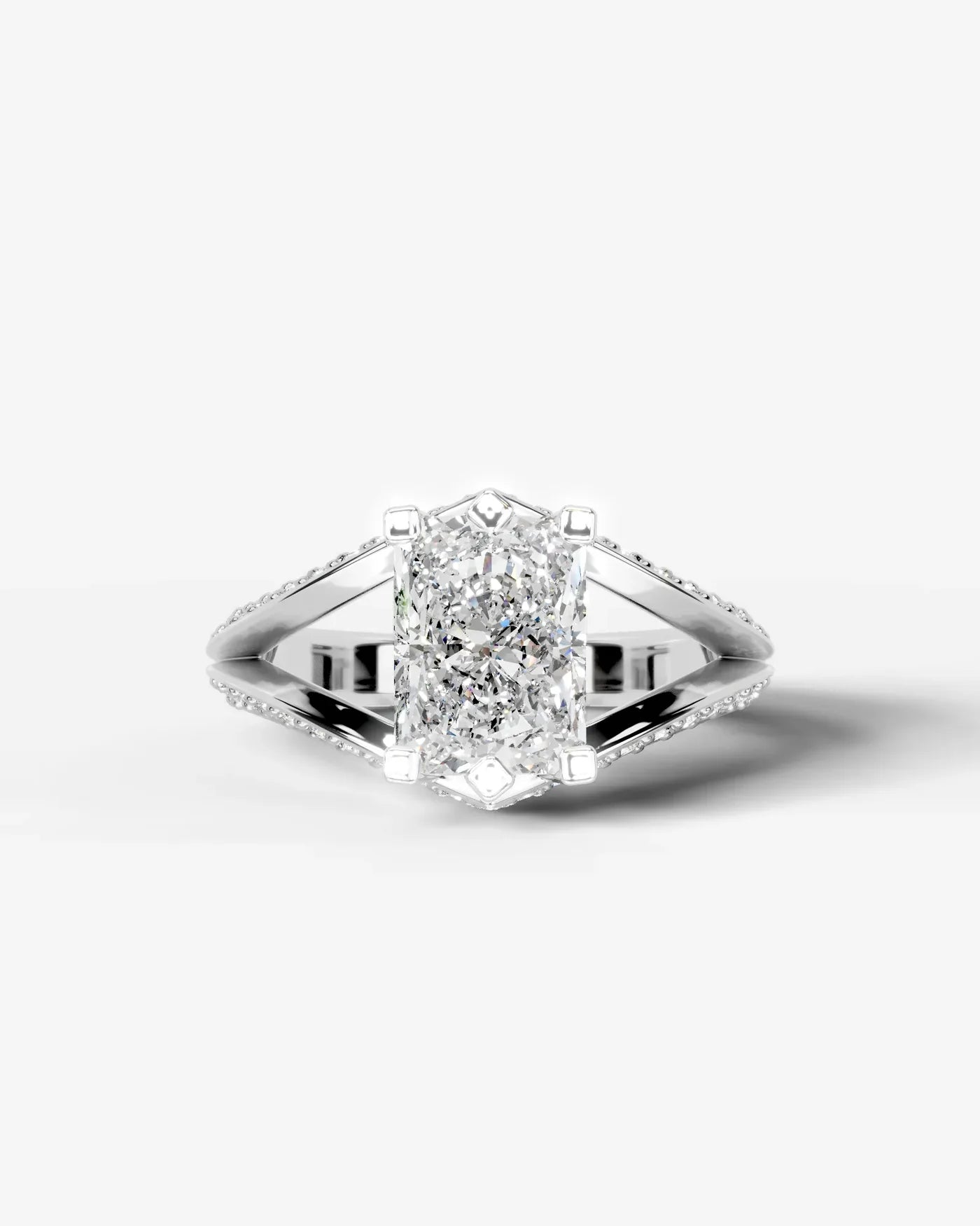 Radiant  Cut Lab Diamond Engagement Ring with fancy split shank pave band and hidden halo| D VS1