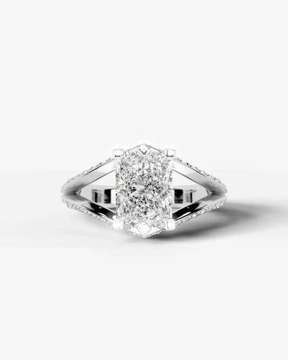 Radiant  Cut Lab Diamond Engagement Ring with fancy split shank pave band and hidden halo| D VS1