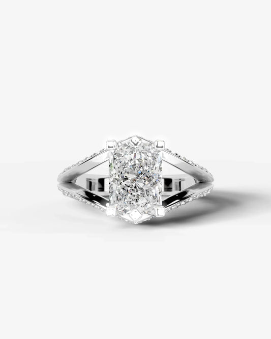 Radiant  Cut Lab Diamond Engagement Ring with fancy split shank pave band and hidden halo| D VS1