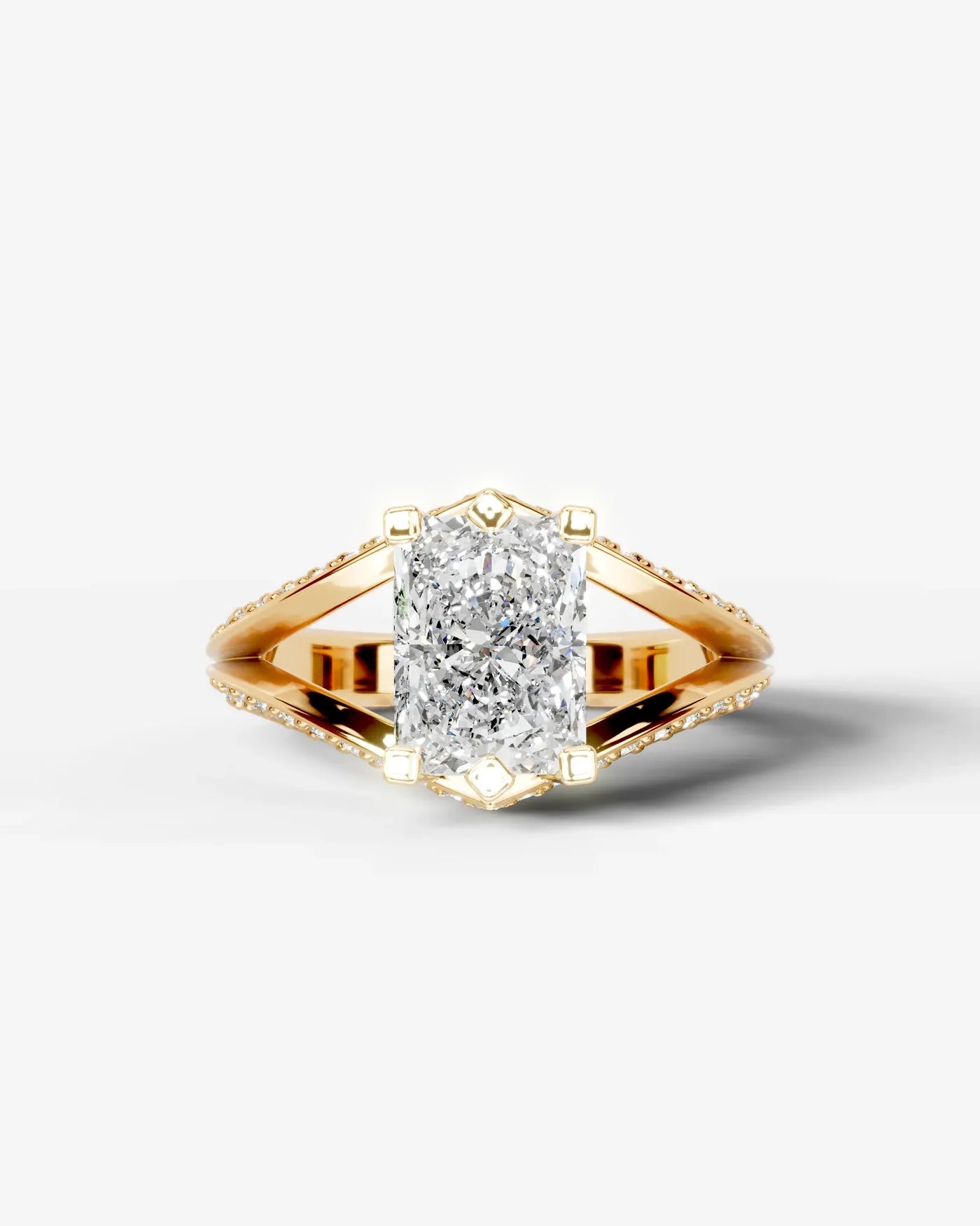 Radiant  Cut Lab Diamond Engagement Ring with fancy split shank pave band and hidden halo| D VS1