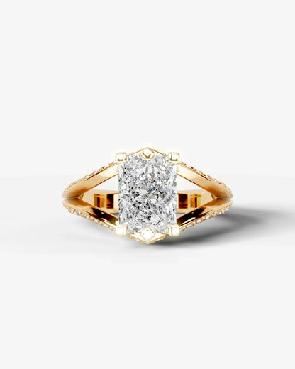 Radiant  Cut Lab Diamond Engagement Ring with fancy split shank pave band and hidden halo| D VS1