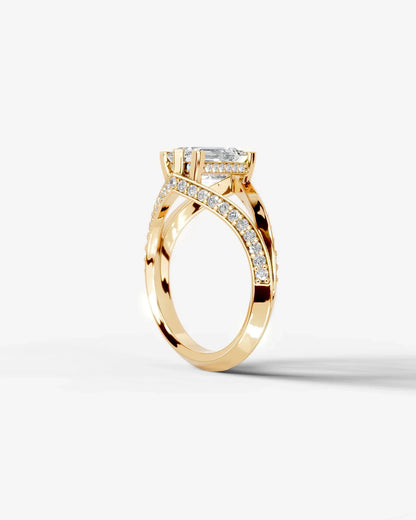 Emerald Cut Lab Diamond Engagement Ring with fancy split shank pave band and hidden halo| D VS1