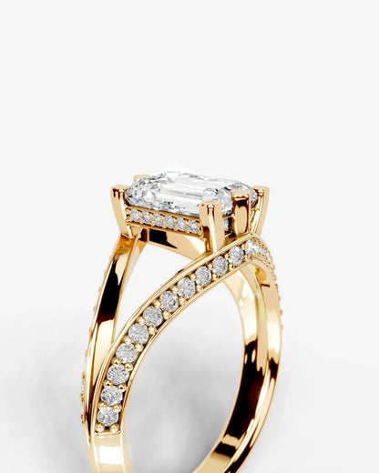 Emerald Cut Lab Diamond Engagement Ring with fancy split shank pave band and hidden halo| D VS1