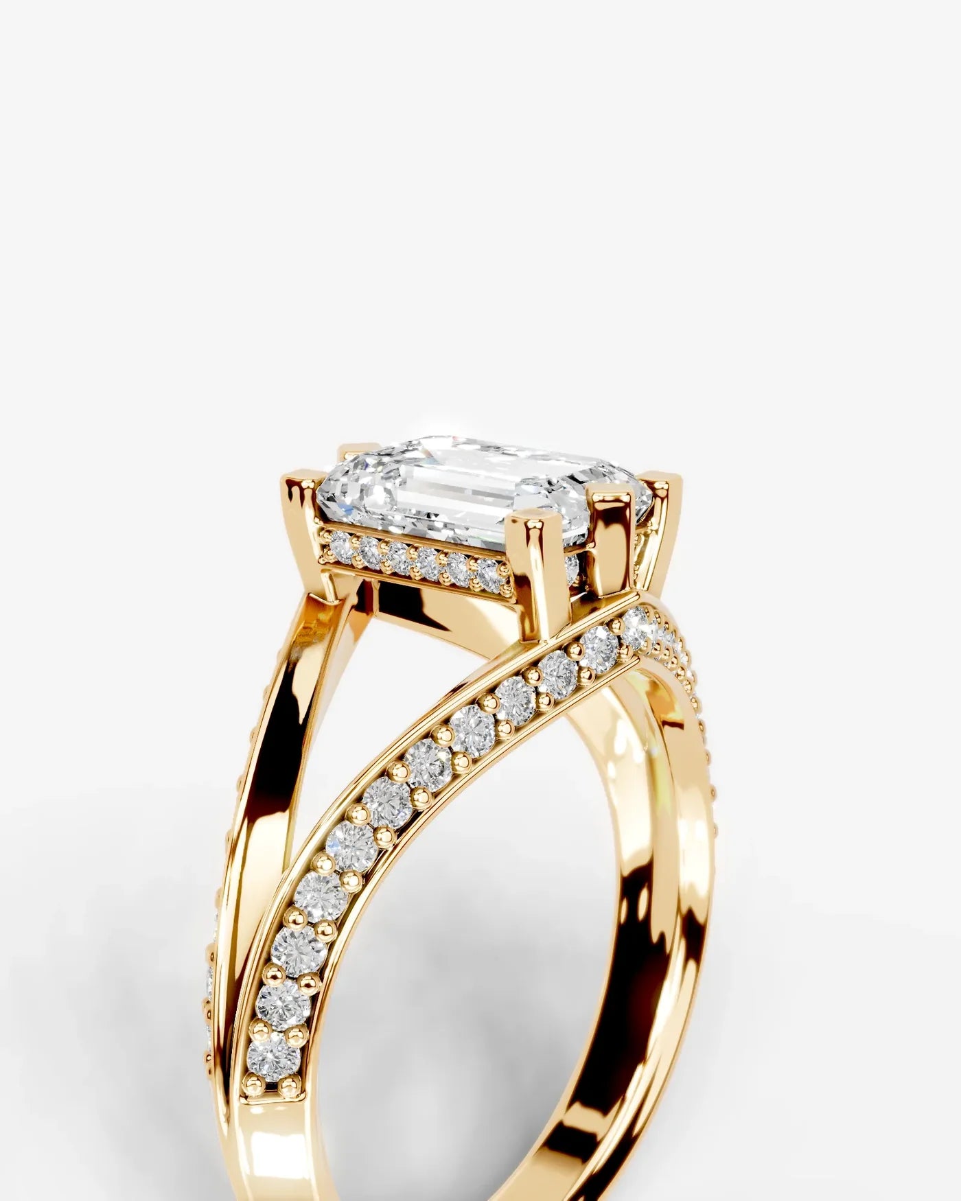 Radiant  Cut Lab Diamond Engagement Ring with fancy split shank pave band and hidden halo| D VS1
