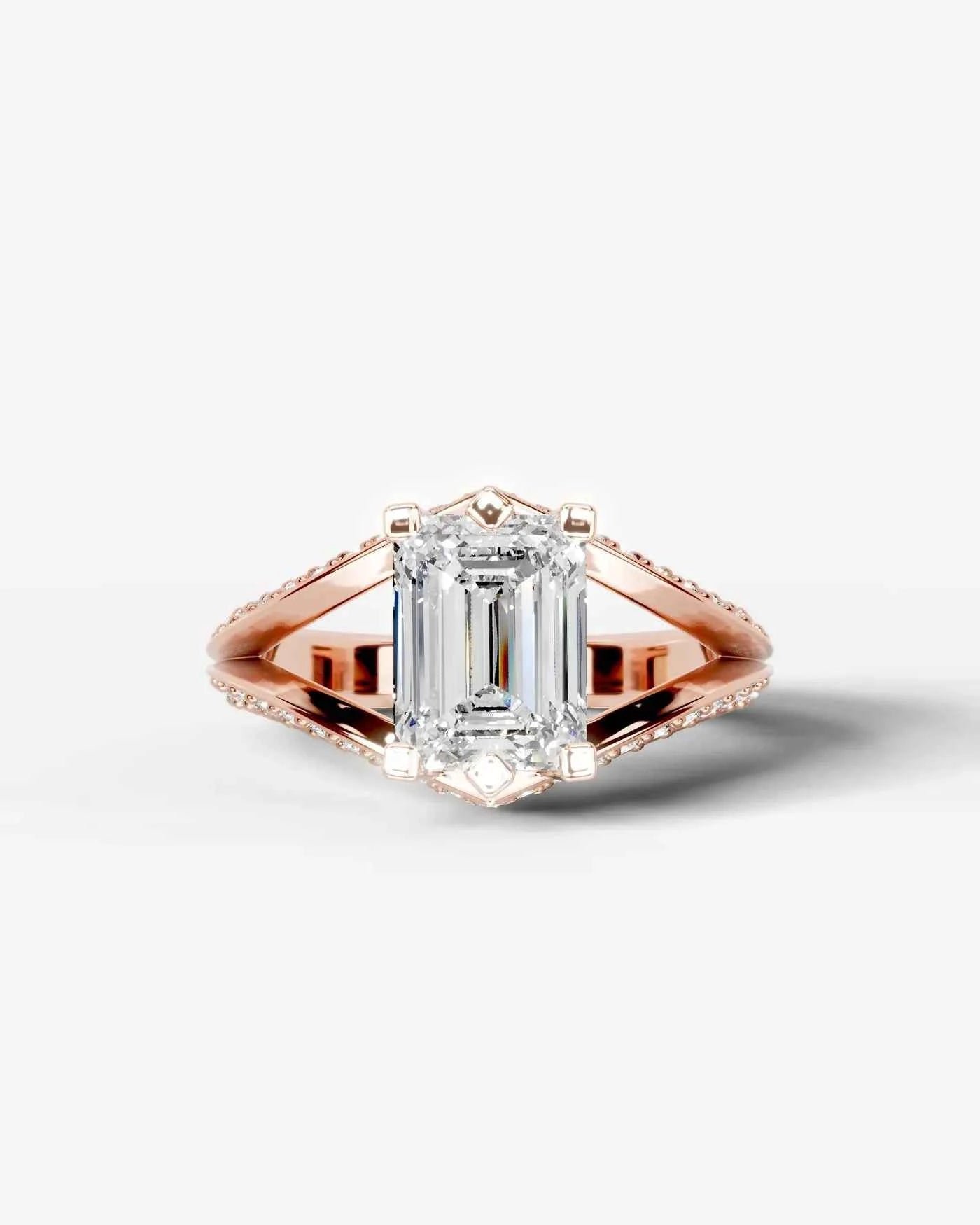 Emerald Cut Lab Diamond Engagement Ring with fancy split shank pave band and hidden halo| D VS1