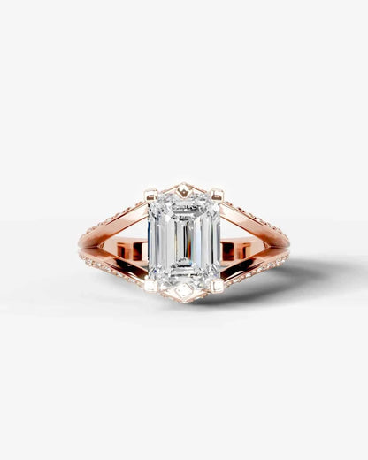 Emerald Cut Lab Diamond Engagement Ring with fancy split shank pave band and hidden halo| D VS1