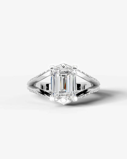 Emerald Cut Lab Diamond Engagement Ring with fancy split shank pave band and hidden halo| D VS1