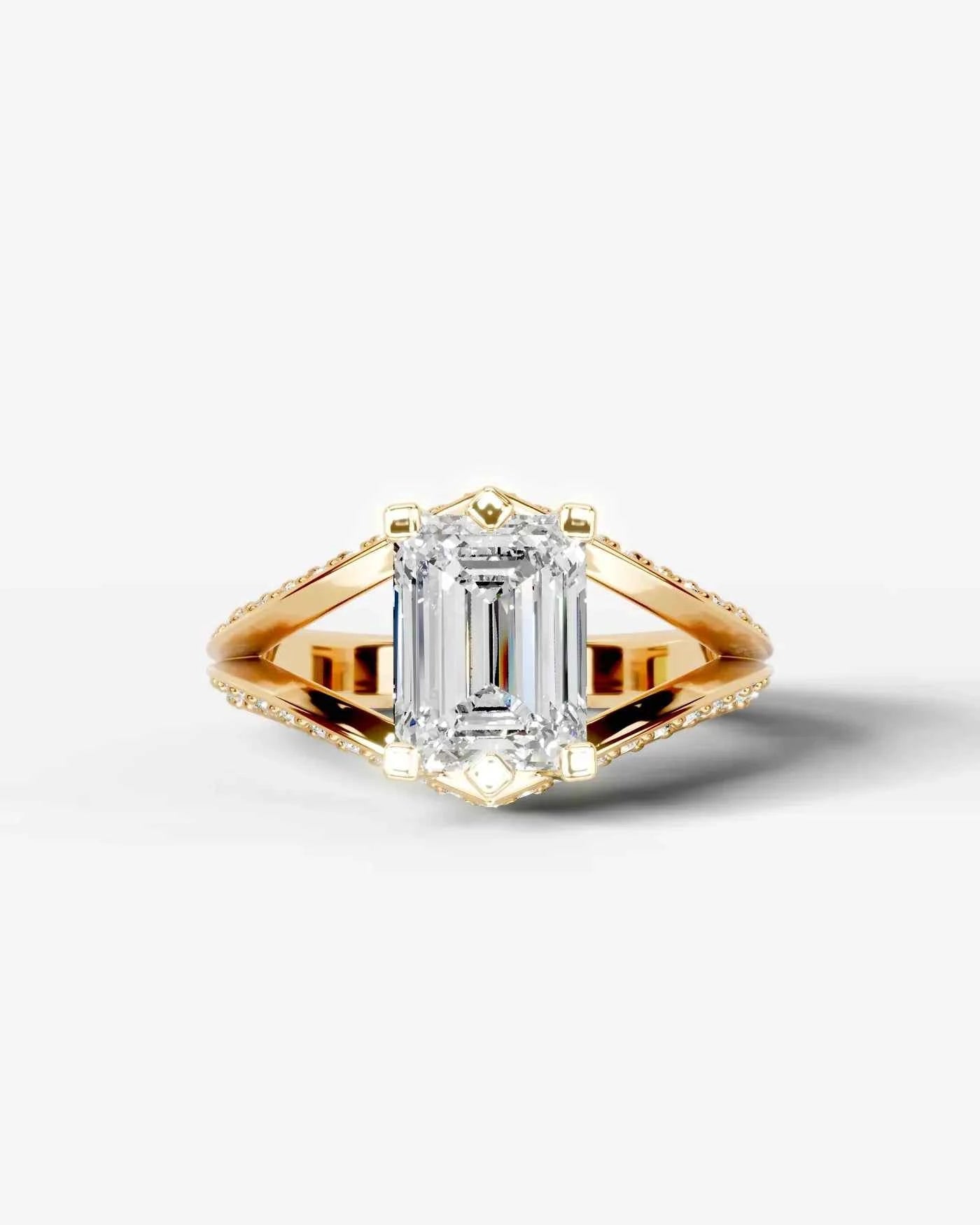 Emerald Cut Lab Diamond Engagement Ring with fancy split shank pave band and hidden halo| D VS1