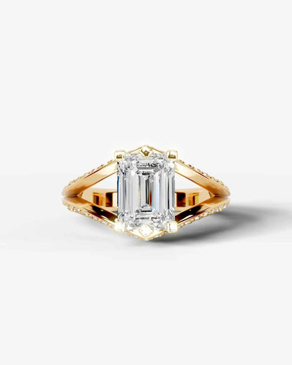 Emerald Cut Lab Diamond Engagement Ring with fancy split shank pave band and hidden halo| D VS1