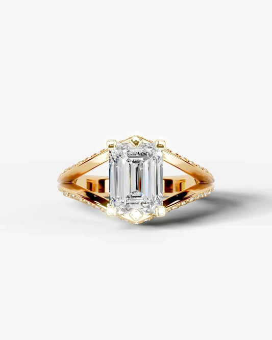 Emerald Cut Lab Diamond Engagement Ring with fancy split shank pave band and hidden halo| D VS1