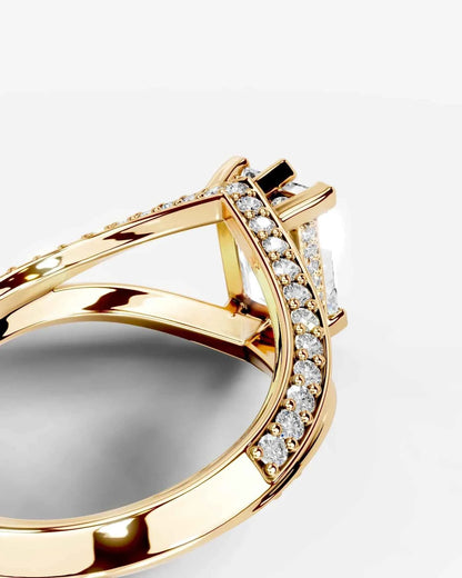 Emerald Cut Lab Diamond Engagement Ring with fancy split shank pave band and hidden halo| D VS1