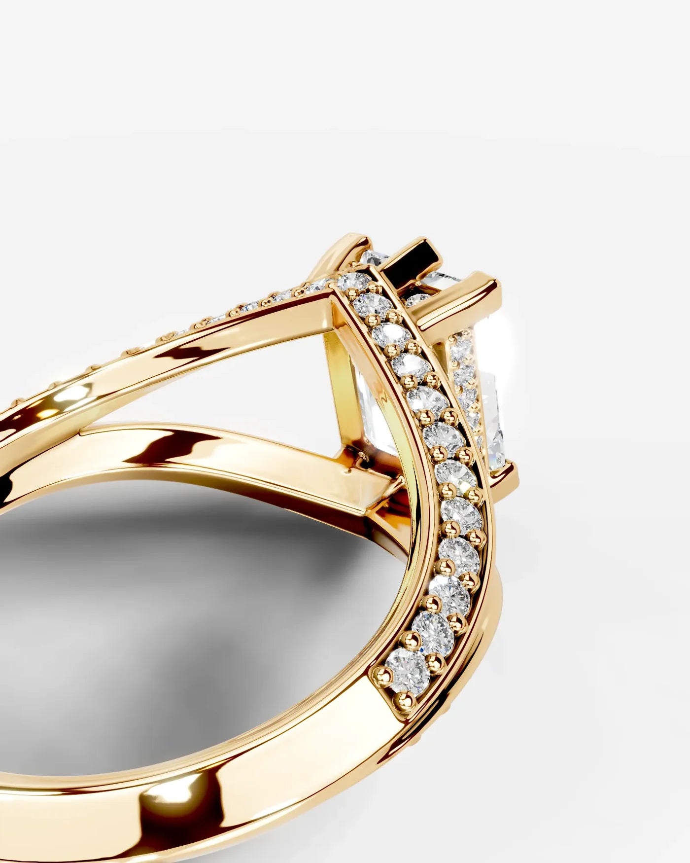 Radiant  Cut Lab Diamond Engagement Ring with fancy split shank pave band and hidden halo| D VS1
