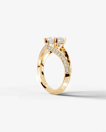 Heart Cut Lab Diamond Engagement Ring with fancy split shank pave band and hidden halo| D VS1