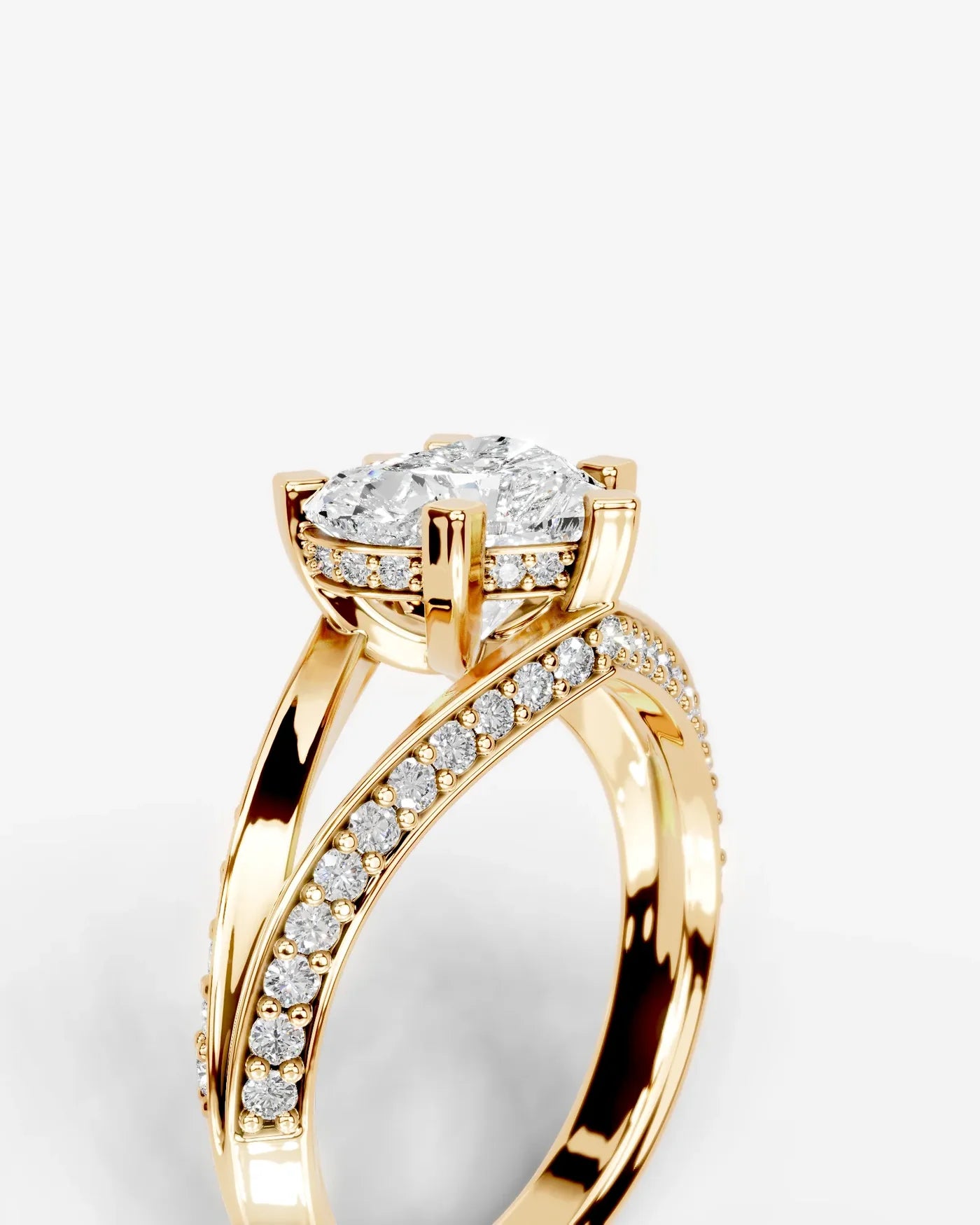 Heart Cut Lab Diamond Engagement Ring with fancy split shank pave band and hidden halo| D VS1